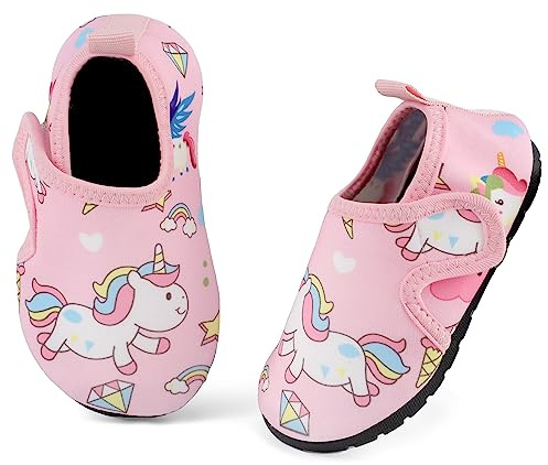 TIZAX Chaussures Aquatiques Enfant Chaussures Antidérapant d'eau Enfant Filles Chaussons Séchage Rapide pour Plage Piscine Natation Licornes Roses 190 29/30