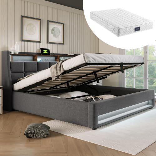 KUAKE Polsterbett 140x200 cm mit Matratze, Doppelbett mit Stauraum und Lattenrost, LED Kopfteil mit USB Ladefunktion, Stauraumbett Funktionsbetten Rückenlehne Bettgestell, Leinen