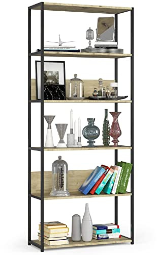AKORD Libreria Industrial Style a 6 Ripiani 80 cm | Libreria Ferro e Legno | Struttura a Scaletta | Scaffali autoportanti per Ufficio, Cucina, Bagni, Soggiorni | Biblioteca Nero/Rovere Artisan
