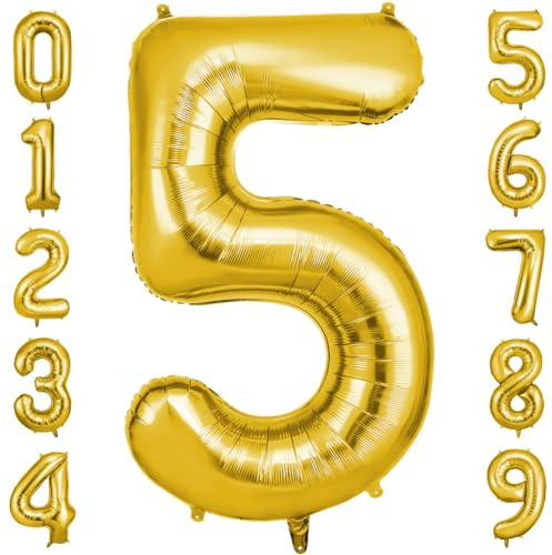 OFFCUP Ballon Chiffre 5 Or | Anniversaire 5 Ans 101cm | Numéro de Ballon | Décoratif D'hélium | Decoration Fête Vacances