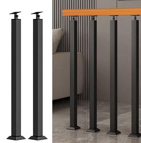 Geländer-Handlaufpfosten-Set Aus Schmiedeeisen,Treppengeländer Pfosten Mit Rechteckiger Basis für Stufen, Handläufe Säule,Treppenhandlauf Geländer für Außenstufen,Schwarz 2er-Pack(Size:90cm/35.4in)