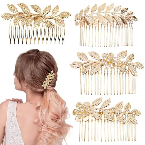 Ensemble de 4 Peignes à Cheveux en Or, ornés de Feuilles, Accessoires de Coiffure élégants et adaptés à toutes les femmes. Parfait pour des coiffures uniques et tendance.