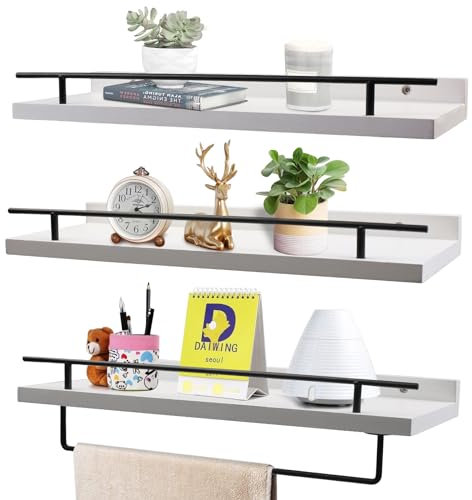 MaxAwe Floating Shelves, 3X Wooden Wall Shelves with Removable Towel Holder, White Wall Shelf with 5x Hooks for Bathroom, Bedroom, Living Room, Kitchen, Shelves Wall 40cm With 20kg Weight Capacity