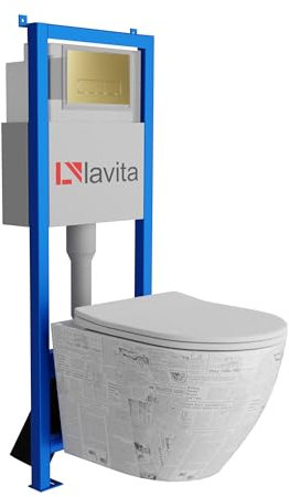 Lavita LAV 101 Élément mural pour WC 40 cm + évier mural suspendu SOFI SLIM PAPER blanc sans bord + panneau de commande LAV 200.3.5 Gold | Kit complet | Réservoir de chasse encastré | Kit complet | WC