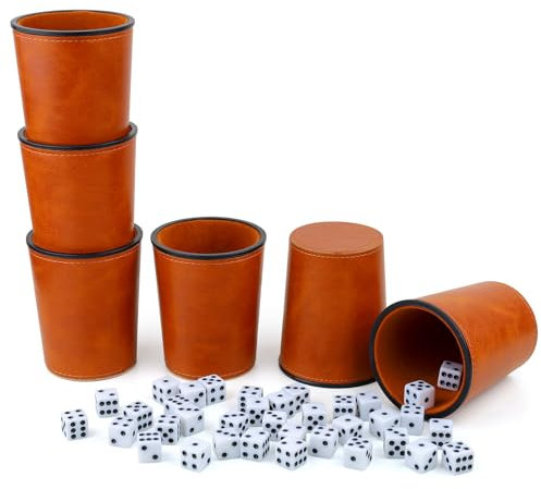 Gesserit Mit Filz ausgekleidetes PU-Leder-Würfelbecher-Set, 6 leise Würfelbecher mit 36 Würfeln für Bar-Party Yahtzee Farkle Würfelspiele, Braun