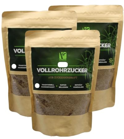 Unraffinierter Vollrohrzucker aus 100% Zuckerrohrsaft | Zuckeralternative mit mehr Nährstoffen | Vegan & Glutenfrei (2x 500g + 1 GRATIS)