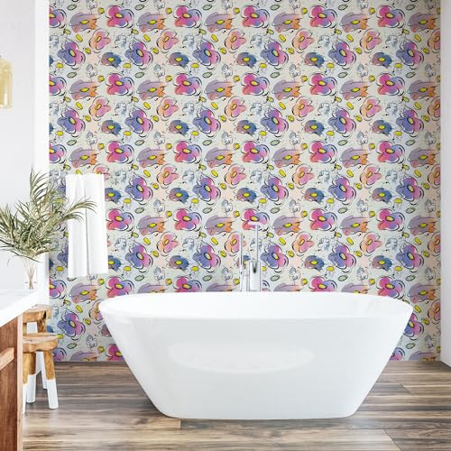 Ambesonne Floral Fun Peel & Stick Wallpaper for Home, Colorful Watercolor Painting Pansies Print Abstract Flowery, Self-Adhesive Living Room Kitchen Accent, 33 cm x 180 cm, Yellow Beige and Multicolor