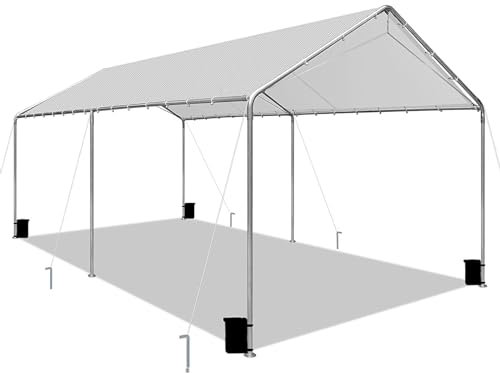 Heavy Duty 10 X 20 Ft Easy to Assemble Metal Car Canopy Shelter with Reinforced Steel Cables, Outdoor Portable Garage for Car, Boat Tent, Light Grey