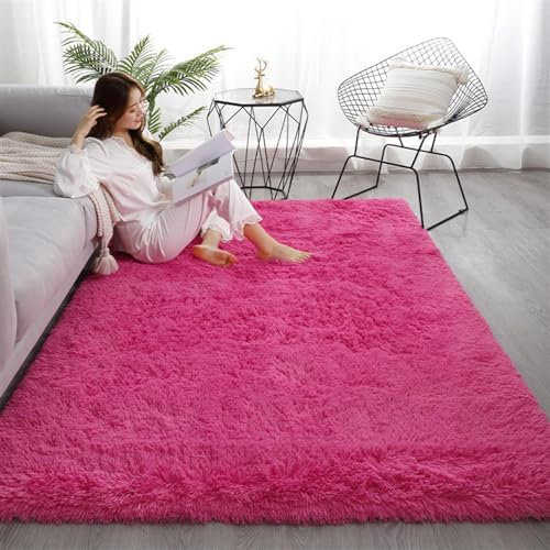Guetto Hochflor Teppich Wohnzimmer rutschfest Fellteppich Shaggy Flauschig Weich Modern Kunstfell Fell Imitat Einfarbig, Teppich für das Schlafzimmer/Wohnzimmer/Kinderzimmer,Rose red,80x200cm