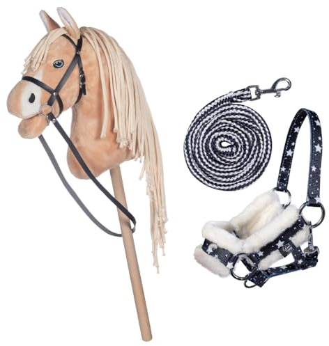 HKM Kids Hobby Horse, Palomino, Beige, mit Halfter und Führstrick in Blau mit Sternenmuster, Steckenpferd für Kinder, Pferde Spielzeug