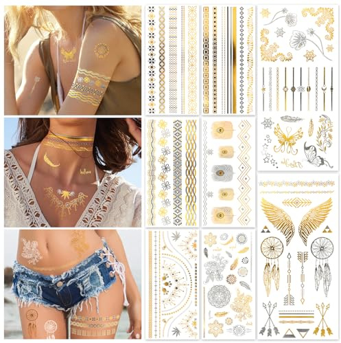 HOWAF 8 Blätter Gold Temporäre Tattoos Metallic, Glitzer Tattoo Gold Fake Tattoos Stickers Tatoo Temporäre Flash Tattoo Aufkleber Klebetattoos Erwachsene Wasserdicht Festival Tattoos Frauen Mädchen