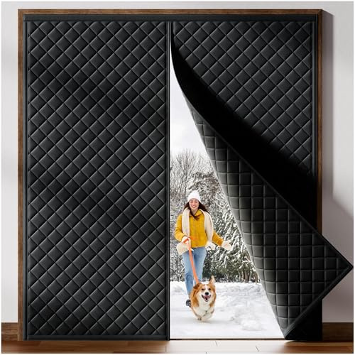 HADOR Magnetic Thermal Insulated Door Curtain Fit Door Size 72 x 80, Quilted Oxford Fabric Thicken Cotton Fill, Winter Door Cover Keep Cold Draft Out, Blanket Insulation for Front Patio Doors Black