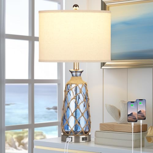 Ruzectt Coastal Glass Table Lamps, 3-Way Dimmable Touch Control Bedside Lamps with 2 USB Ports and AC Outlet, Blue Nautical Nightstand Lamps for Bedroom Living Room (LED Bulbs Included)
