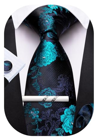Ensemble Barry.Wang pour homme : cravates, mouchoir de poche, boutons de manchette et pince à cravate Motif floral en soie classique - Lot de 4 pièces pour mariage, soirée et travail, taille unique