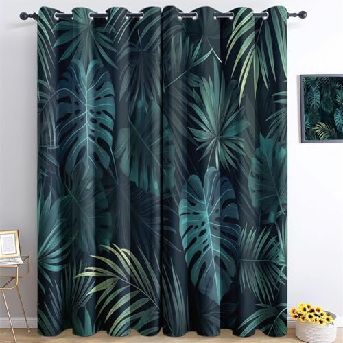 Srigzcaly BläTter Dschungel Tropisch DunkelgrüN Verdunkelungsvorhang Polyester mit Ösen 150x166cm(BxH) Schallschutz Thermogardine für Kinderzimmer Wohnzimmer DunkelgrüN