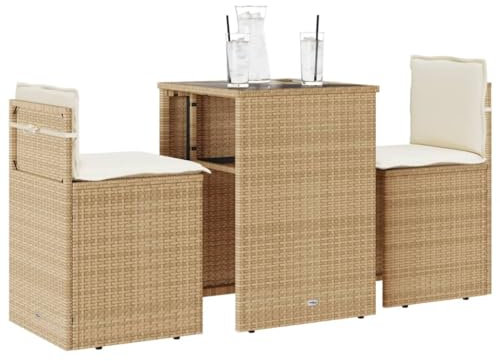 Xichuzi 3-TLG. Bistro-Set mit Kissen Beige Poly Rattan, Balkonmöbel, Balkon Möbel, Balkon Sitzgruppe, Gartenmöbel, Sitzecke Garten, Balkonset, Terrassen Möbel - 4003873
