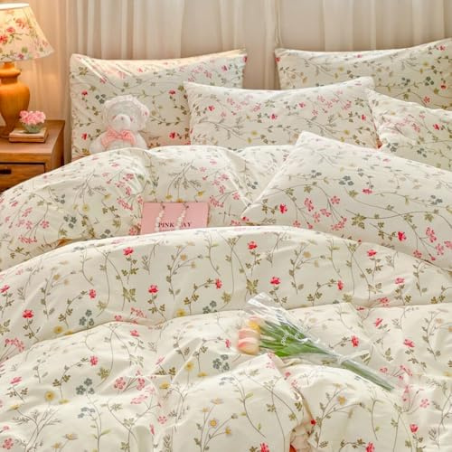 Michorinee Single Duvet Cover Set 100% Cotton Beige Pink Ditsy Flowers and Green Leaves Reversible Bedding 2pc Aesthetic Cute Floral Quilt Cover 135x200 cm Zipper Closure and 1 Pillowcase 50x75 cm