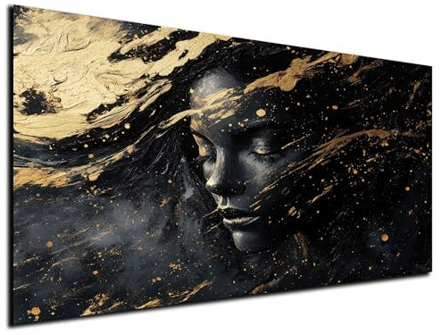 DARO Design® Bild auf Leinwand 40x30 cm Wohnzimmer Deko Modern Wandbild Kunstdruck auf Leinwand Bild Schlafzimmer über Bett Room Decor Geschenke Abstrakt Schwarz Gold Frau Gesicht Kopf