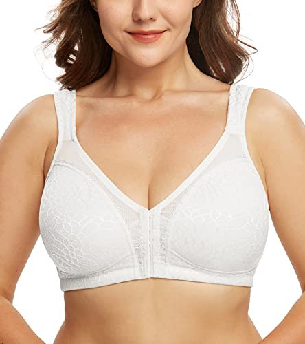DotVol Women's Full Figure Front Closure Wirefree Jacquard Back Support Posture Bra(White,38D)