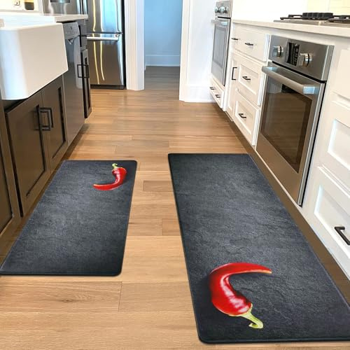 Alishomtll Kitchen Mats Sets, 2 Piece PVC Kitchen Rugs, Waterproof Non-slip Anti-Fatigue Stain-Resistant Chili Kitchen Runner Washable Standing Mats for Home Office 44x75+44x120cm