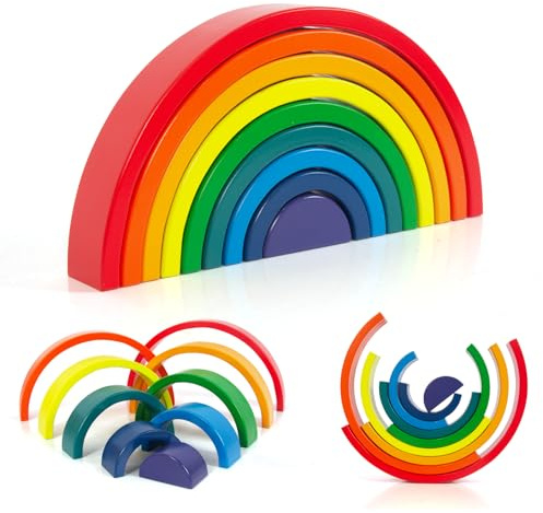 WOODENFUN 9tlg Holz-Regenbogenstapler buntes Stapelsspiel für Kleinkinder ab 1J(Regenbogen 9pcs)