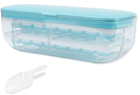 Ice Cube Tray, Ice Cube Moulds with Lid, Ice Tray with Storage Bin - Making 64 pcs Ice Cubes, Easy Press to Release Ice - 2 Trays 1 Ice Bucket & Scoop for Freezer, Cocktail, Whiskey, Coffee (Blue)
