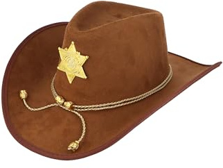 HENBRANDT Single Brown Cowboy Hat with Gold Sheriff Star - Adult Western Fancy Dress Cowgirl Costume Accessory