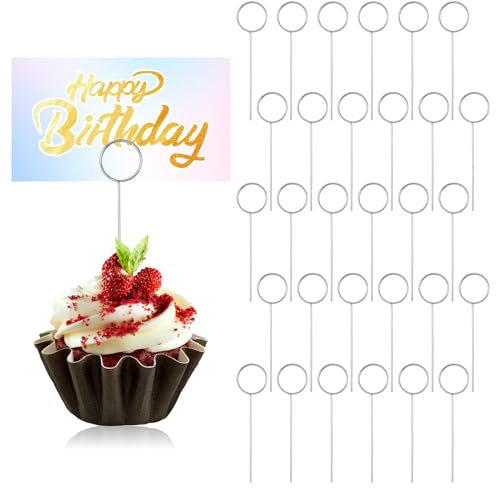 30PCS Flower Card Holder Stick, Wire Place Cards Holder, Stainless Steel Cake Photo Pin, Round Shape Table Name Number Note Holders for Meat Food DIY Party Accessories Decoration