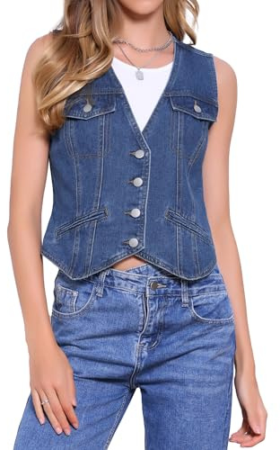 Allegra K Gilet en Jean Femme Col en V Boutonné Veste en Denim Sans Manches avec Poches Bleu foncé S