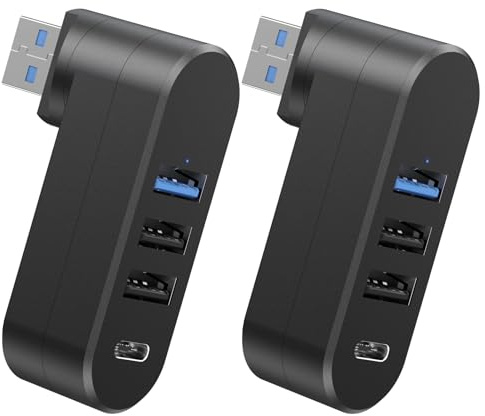 4 Port USB Splitter for Car, 2 PCS Rotatable 90°/180° Expansion Hub with 3 USB Ports and 1 USB C Power High Speed Multiport Adapter for Laptop Mobile Phone and Car Black