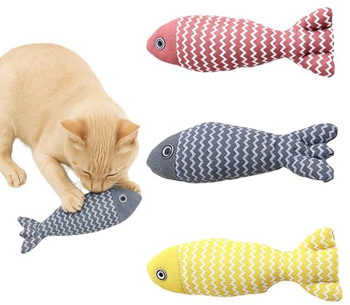 FUNFY Katzen Spielzeug Set mit 3 Fisch, Catnip Crinkle Sound, Weiche Plüsch Kissen, Interaktives Katzenspielzeug für Indoor, Kauen, Spielen, Haustier Beschäftigung