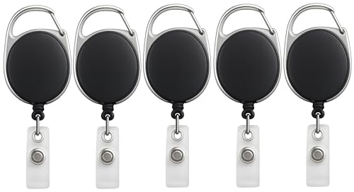 SPS Lot de 5 enrouleurs de badge rétractables robustes – Cordon métallique de 61 cm, mousqueton et clip de ceinture, sangle d'identification en PVC renforcé – Porte-clés noir pour bureau – Noir