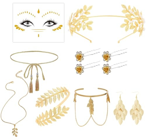 8-Piece Greek Goddess Costume Accessories Set for Women, Greek Headband with Goddess Crown, Gold Leaf Jewelry for Themed Parties, Weddings, Cosplay and Halloween Costumes, Pearl Hairband Included