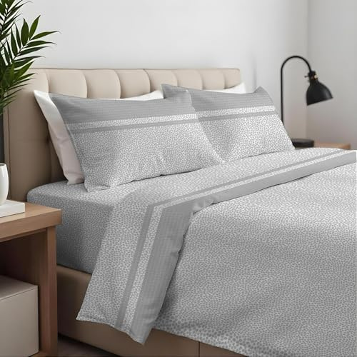 CLARA HOME Lenzuola Completo Letto Matrimoniale Colore Borby Grigio, Lenzuola Elasticizzate per Tutte le Stagioni, Completo di Federe per Guanciali