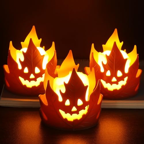 3Pezzi Candele LED Halloween,Luci Halloween Foglia d'acero Lanterne Halloween Decorazioni Portacandele da Tavolo,halloween Decorazioni Tavola,Foglia d'acero Candela Autunnale Deco per Interni Feste