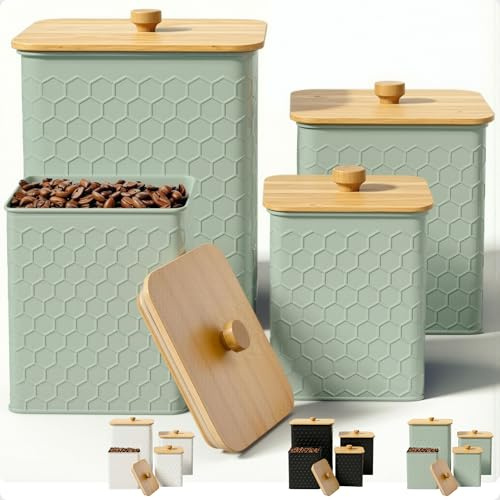 Kitchen Canisters for Countertop Set of 4 - Textured Iron Kitchen Canisters with Airtight Lids - Flour Sugar Canister Set - Flour and Sugar Containers Farmhouse - Coffee Jar for Counter - Green Jar x4