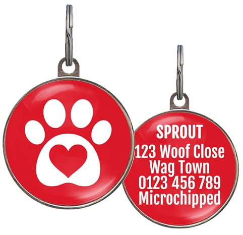 Dog ID Tag – Paw & Heart Design – 6 Colour Options & Custom Back – Lightweight Metal Tag for Dogs, Cats & Puppies – Waterproof, Double-Sided & UK Made