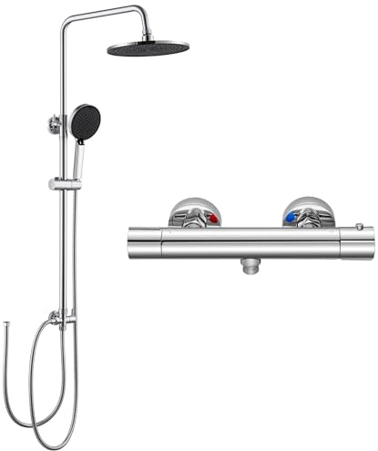 Auralum Duscharmatur mit Thermostat, Duschsystem mit runder Regendusche (Ø25cm), Handbrause, Thermostat und Höhenverstellbarer Duschstange, Edelstahl Duscharmatur Komplettset mit Regendusche