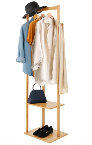 KingSaid Porte-Manteau en Bambou sur Pieds, Portant à Vêtements Stable avec Tringle, Crochets et Étagères – Design Compact 155 x 38 x 30 cm – Idéal Entrée, Chambre, Salon, Capacité 35 kg