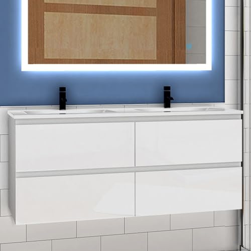 Aica Sanitär Waschtisch mit Unterschrank 120cm Alast Badmöbel Set Hochglanz Weiß Keramik Waschbecken mit Unterschrank MDF Softclose