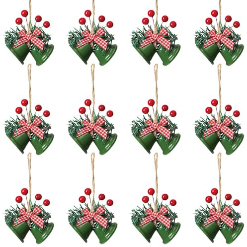 DONGKER Adornos navideños, 12 Campanas navideñas de Metal Dorado, Adornos navideños con Cinta roja y Bayas como Adornos para el árbol de Navidad