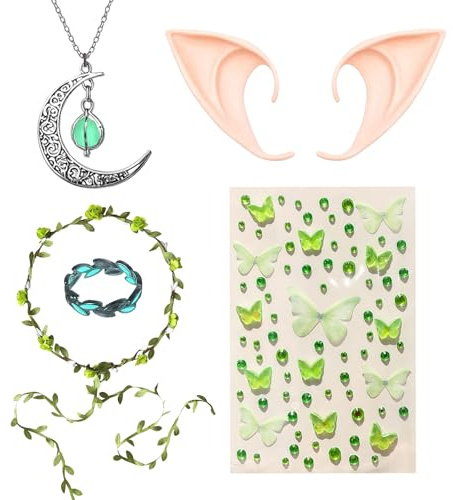 Lot de 5 costumes de fée réglables pour femme avec couronne de fleurs, oreilles d'elfe, collier, bague et autocollants, costumes de fée de la forêt pour carnaval, Halloween, carnaval, cosplay et