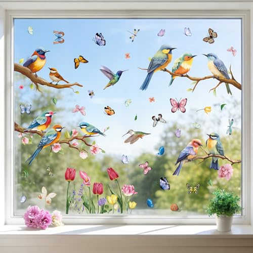 Joeyan Spring Summer Window Stickers - 9 Sheets Double-Sided Static Clings with 76 PCS Floral Butterfly Decals for Glass Surface, DIY Home Office Living Room Seasonal Party Birthday Decor Supplies