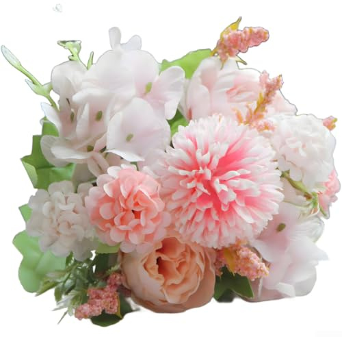 Bouquet de fleurs artificielles en soie - Mélange de pivoines et d'hortensias - Mélange de marguerites de style nordique - Arrangement floral réaliste - Tiges flexibles - 32 x 20 cm - Rose, bleu