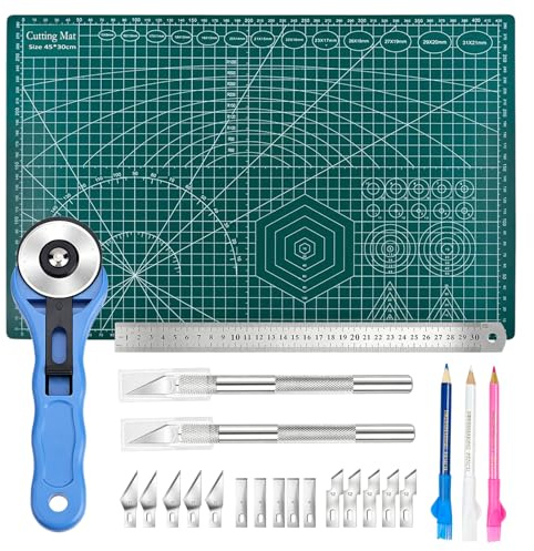 Xinjiayi A3 Cutting Mat Set 45mm Rotary Cutter Self Healing Mat | Cutting Mat with Craft Knife Marking Chalk Steel Ruler deal for Fabric Quilting Arts Scrapbooking Green