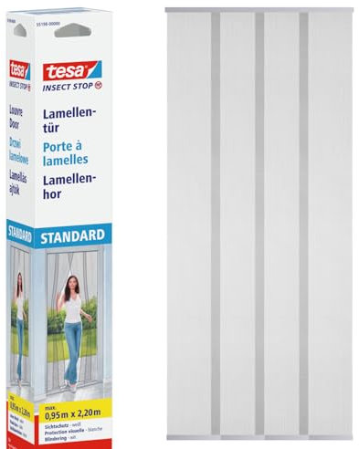 tesa Insect Stop Lamella STANDARD pour Portes - Rideau 4 Parties de Filets Anti-Moustiques avec Bandes Auto-Agrippantes - Sans Perçage - Blanc, 95 x 220 cm