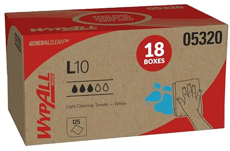 WypAll GeneralClean L10 Cloths Light Cleaning Wipes (05320), Pop-Up Box, Bulk Paper Wipers, White (18 Packs of 125 Sheets, 2,250 Sheet Total)