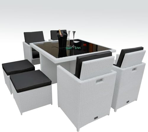 Ragnarök-Möbeldesign PolyRattan - DEUTSCHE Marke - EIGNENE Produktion - 8 Jahre GARANTIE auf UV-Beständigkeit Gartenmöbel Essgruppe Tisch 4 Stühle Hocker 12 Polster Weiß