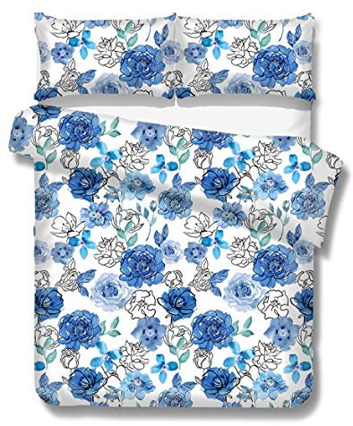 Odot Duvet Cover Set 3 Pieces with 2 Pillowcases, Soft Microfiber 3D Elegant Floral Printed Double Hypoallergenic Zipper Closure Bedding Set (200x230cm,Blue rose)