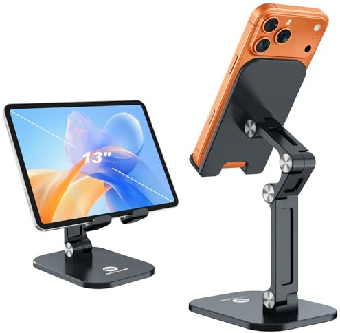 OCYCLONE Phone Stand, Adjustable Height and Angle Foldable Cell Phone Stand Holder for Desk, Taller iPhone Stand Compatible with 4.7-13 Smartphones iPad Tablet, Black